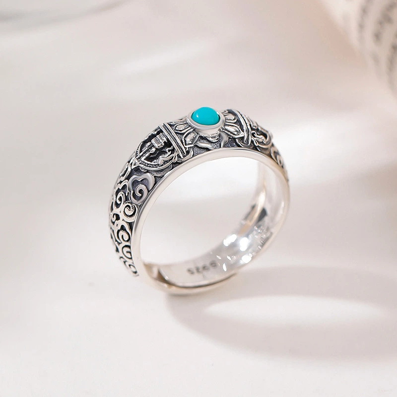 TerraDharma "Divine Protection & Chakra Soothing" Turquoise & Vajra - Shaped Sterling Silver Open Ring