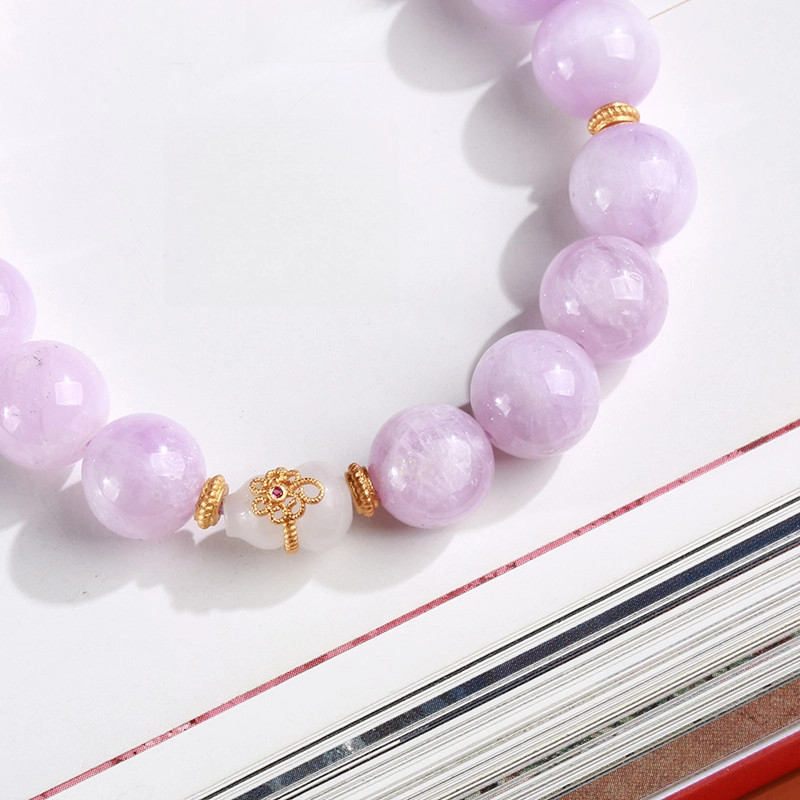 Natural Kunzite Crystal Bracelet (with Hetian Jade Gourd Accessory)