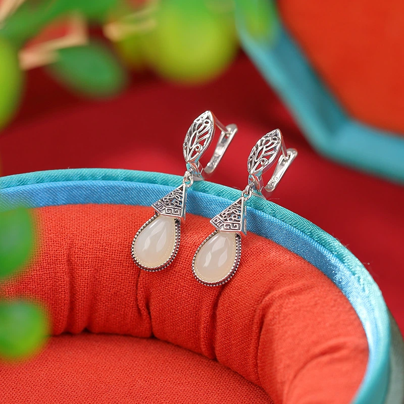 Water-drop-shaped Heitan Jade Earrings (with Hollowed-out Huiwen Pattern Sterling Silver)