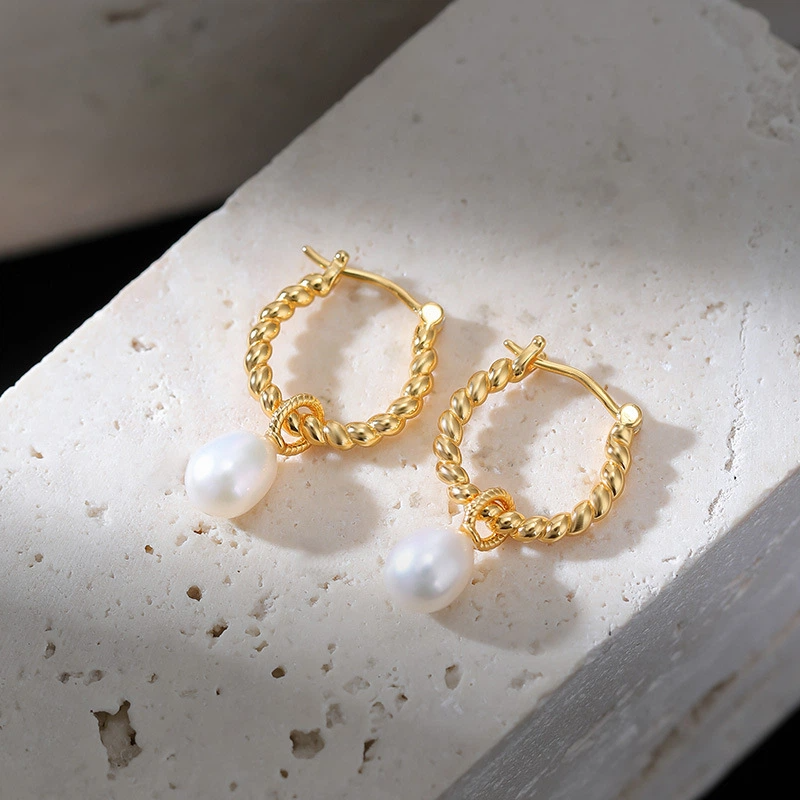 TerraDharma "Flowing Luck & Elegant Prosperity" Freshwater Pearl with Twisted Pattern Earrings