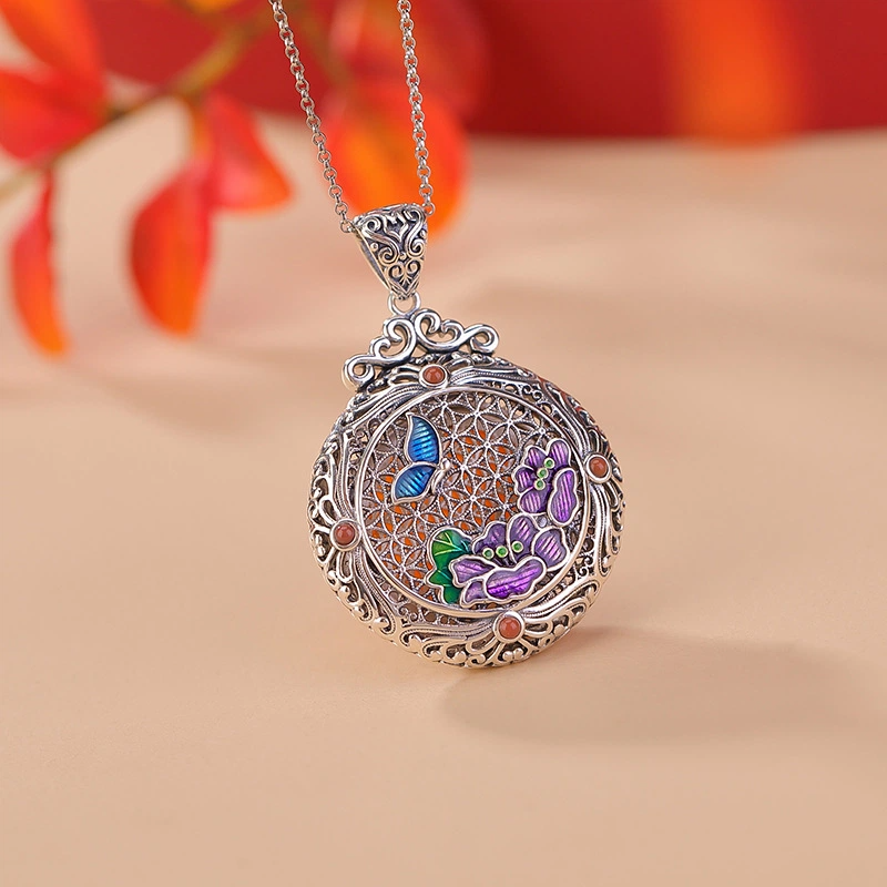 TerraDharma "Pure Auspiciousness & Spiritual Elegance" Amber Pendant Nacklace (Cloisonné with Butterfly and Lotus Patterns)