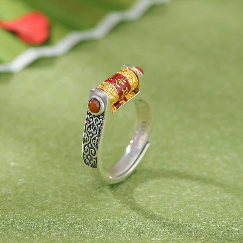 TerraDharma "Mantra Blessing & Divine Protection" South Red Agate & Six - Syllable Mantra Silver Open Ring