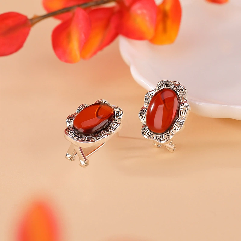 TerraDharma "Passionate Prosperity & Continuous Harmony" Blood Amber with Greek Fret Pattern Earrings