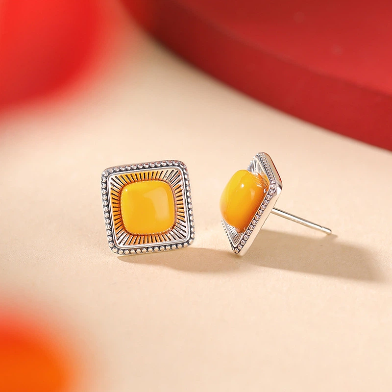 TerraDharma "Radiant Renewal & Positivity Infusion" Sun - Inspired Amber & Silver Stud Earrings