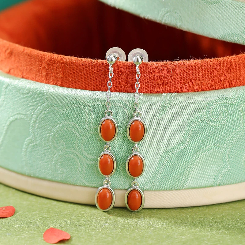 TerraDharma "Balance Restoration & Blessing Infusion" South Red Agate Egg-shaped Bead Tassel Silver Earrings