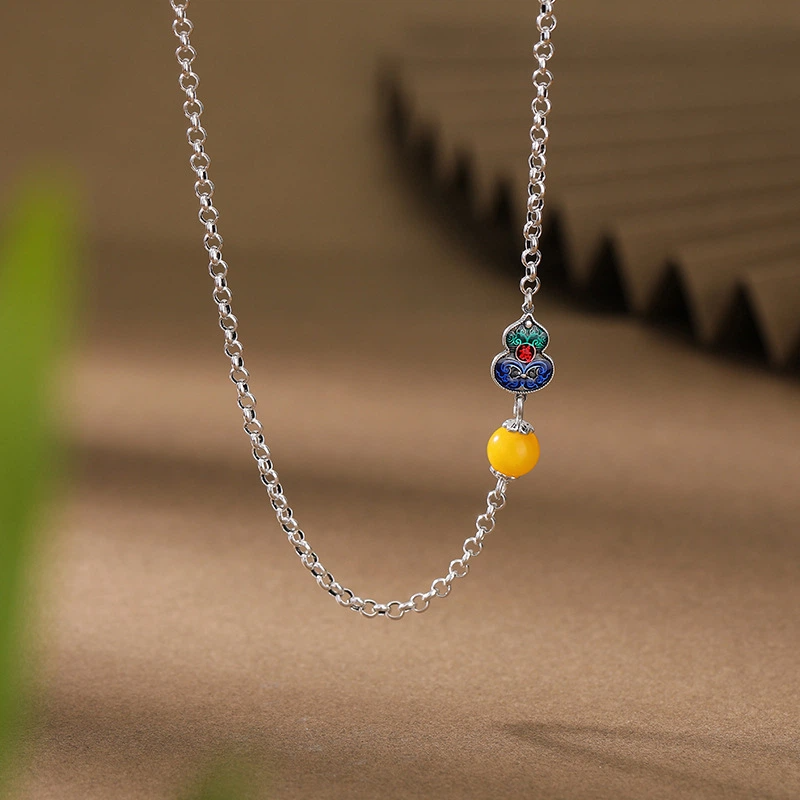 TerraDharma "Longevity Blessing & Lucky Abundance" Amber & Cloisonné Gourd Sterling Silver Necklace