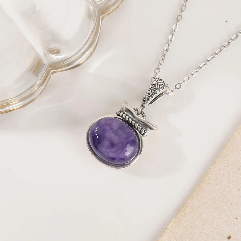 TerraDharma "Positivity Amplification & Fortune Attraction" Charoite & Zhaki Lamu Lucky Bag Pendant Nacklace