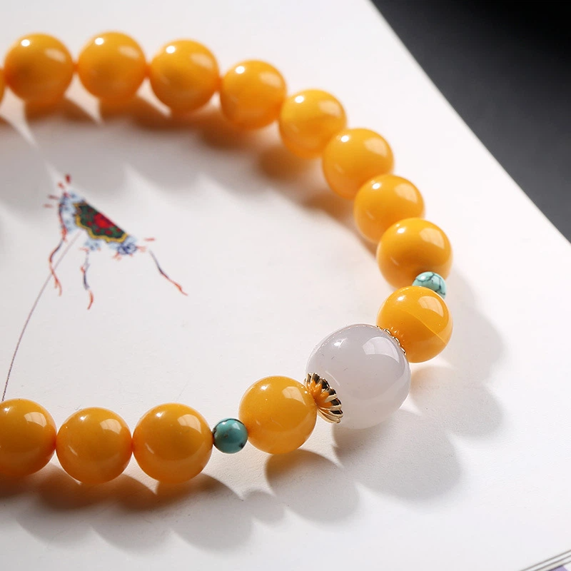 TerraDharma "Emotion Balance &Nurtured Fortune" Natural Amber & Hetian Jade Bracelet