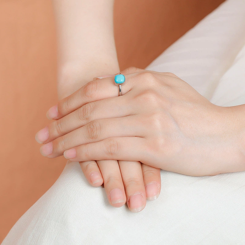 TerraDharma "Heart Harmony & Soul Grounding" Turquoise Geometric Sugar Cube Tooth-Patterned Silver Open Ring
