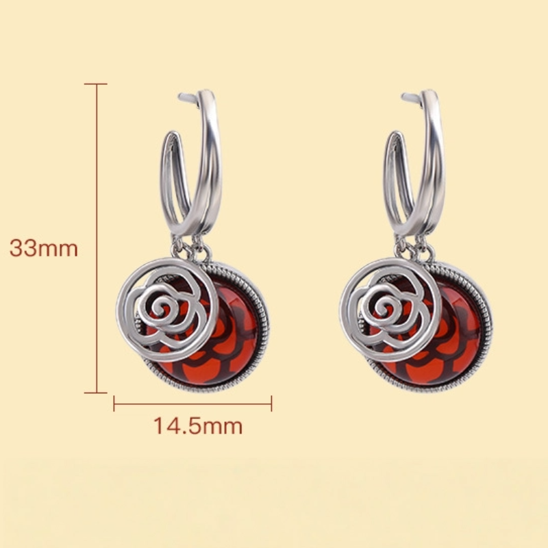 TerraDharma "Noble Prosperity & Vitality Auspiciousness" Blood Amber & Hollow - Out Rose Silver Earrings