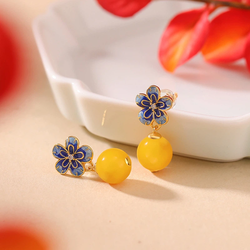 Plum Blossom-shaped Cloisonné with Beeswax Round Bead Earrings