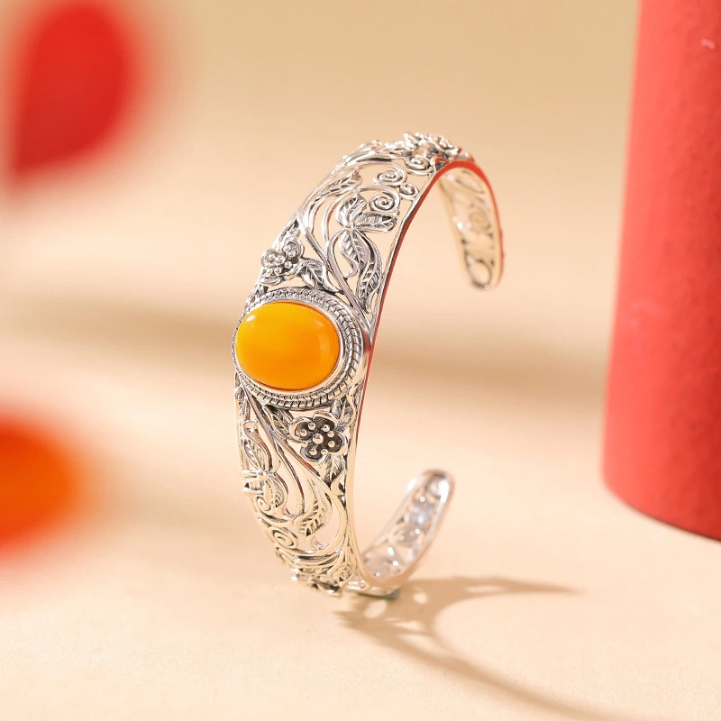 TerraDharma "Positivity Infusion & Abundance Attraction" Amber Silver Bracelet with Scroll / Pomegranate Patterns