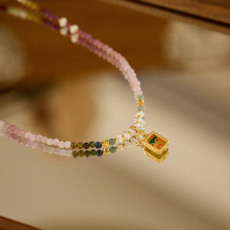 Natural Rainbow Tourmaline Necklace (with Zhaki Lamu Thangka & Freshwater Pearls)