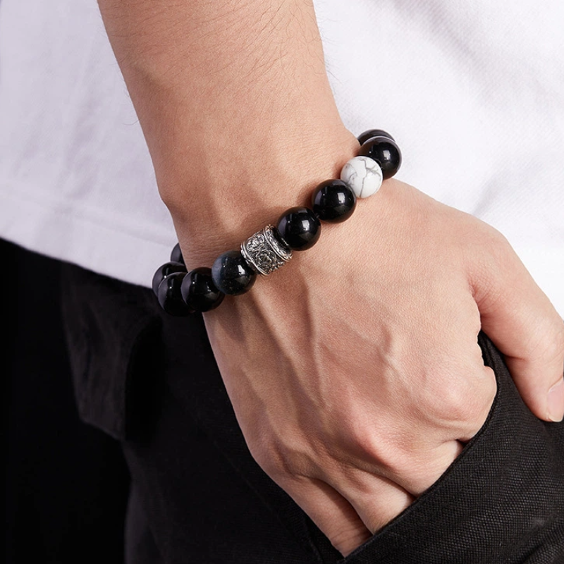 TerraDharma "Stress Alleviation & Spiritual Purification" Obsidian & White Turquoise with Six Syllable Mantra Beaded Bracelet