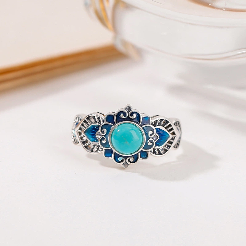 Natural Turquoise Ring (with Enamel and Sterling Silver Engraving)