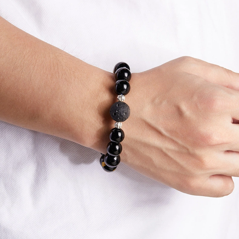 TerraDharma "Stability Blessing & Divine Protection" Obsidian & Six Syllable Mantra Black Agate Beaded Bracelet