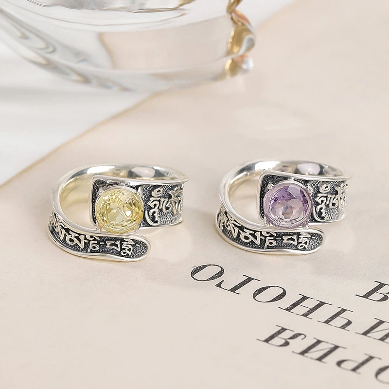 TerraDharma "Prosperity Amplification & Enlightened Harmony" Amethyst/Citrine Faceted Six-Syllable Mantra Open Ring
