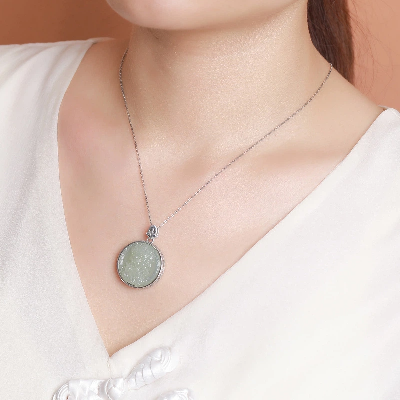 TerraDharma "Emotional Balance & Prosperity Granting" Nature Hetian Jade Carved Pendant Nacklace of Zhaki Lamu
