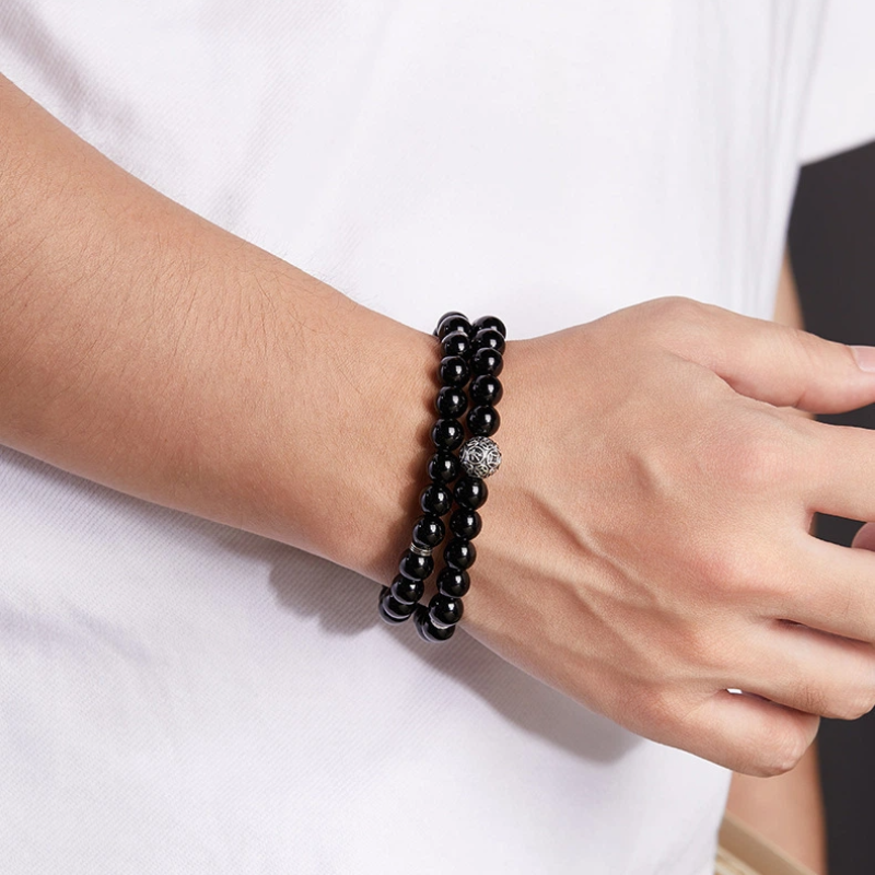 TerraDharma "Negativity Shield & Stress Allevation" Obsidian Double Circle Bracelet