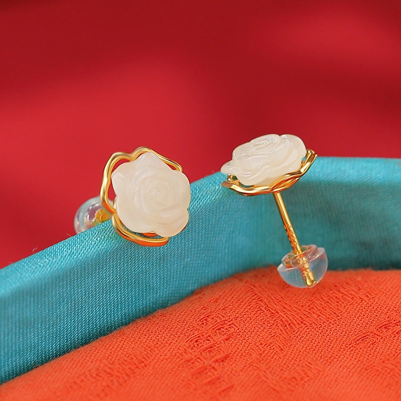 Rose-shaped Hetian Jade stud earrings (Gold-plated Sterling Silver)