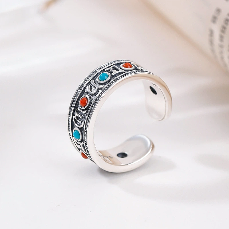 TerraDharma "Mantra Blessing & Mind Cleansing" South Red Agate & Turquoise with Six-Syllable Mantra Silver Open Ring
