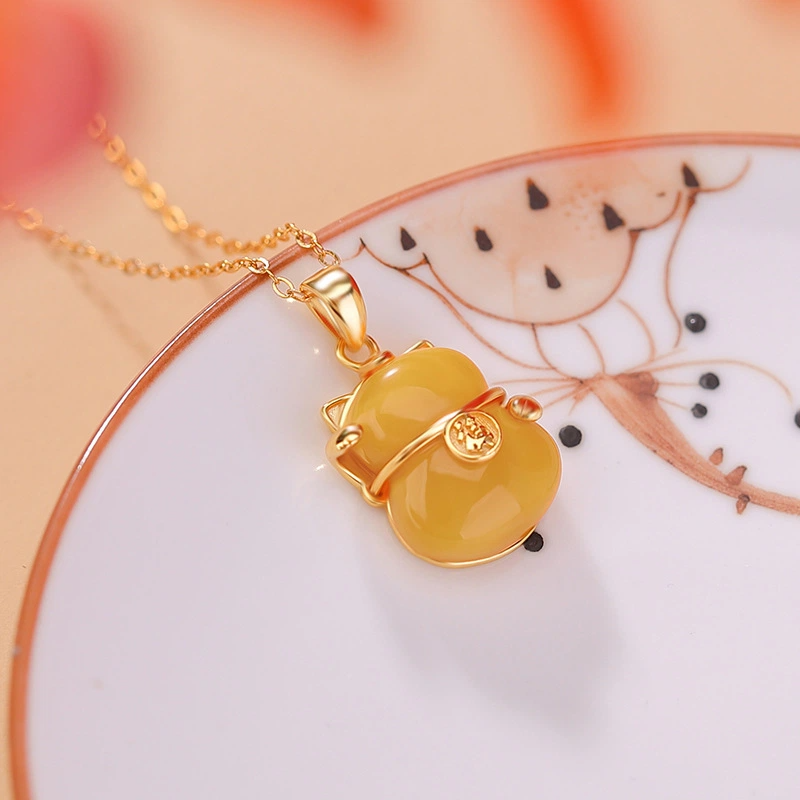 TerraDharma "Fortune Gathering & Gentle Prosperity" Amber Pendant Nacklace of Beckoning Cat (with Fu Character)