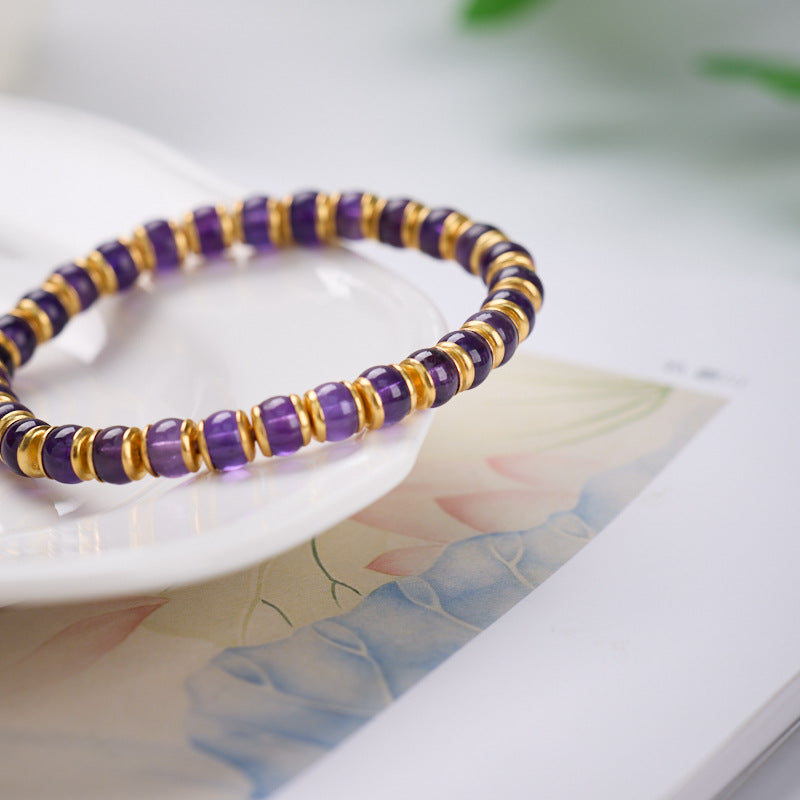 TerraDharma "Divine Wisdom & Elegant Protection" Natural Barrel-shaped Beads of Amethyst Bracelet