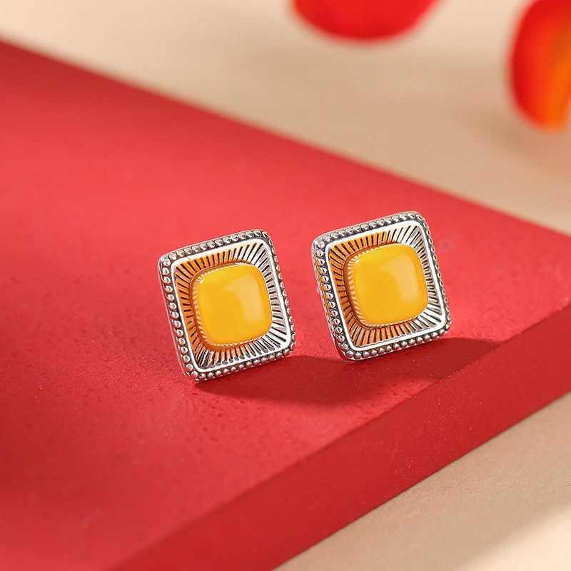TerraDharma "Radiant Renewal & Positivity Infusion" Sun - Inspired Amber & Silver Stud Earrings