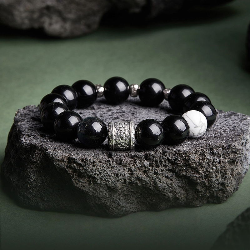 TerraDharma "Stress Alleviation & Spiritual Purification" Obsidian & White Turquoise with Six Syllable Mantra Beaded Bracelet