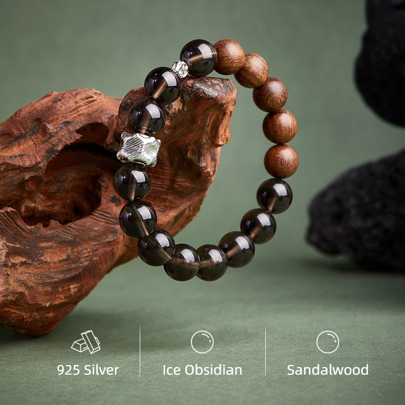 TerraDharma "Graceful Protection & Calm Prospetity" Sandalwood & Ice Obsidian Beaded Bracelet