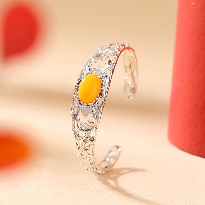 TerraDharma "Positivity Infusion & Abundance Attraction" Amber Silver Bracelet with Scroll / Pomegranate Patterns