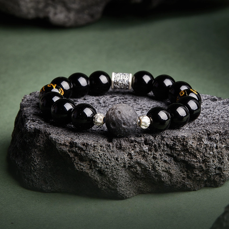 TerraDharma "Stability Blessing & Divine Protection" Obsidian & Six Syllable Mantra Black Agate Beaded Bracelet