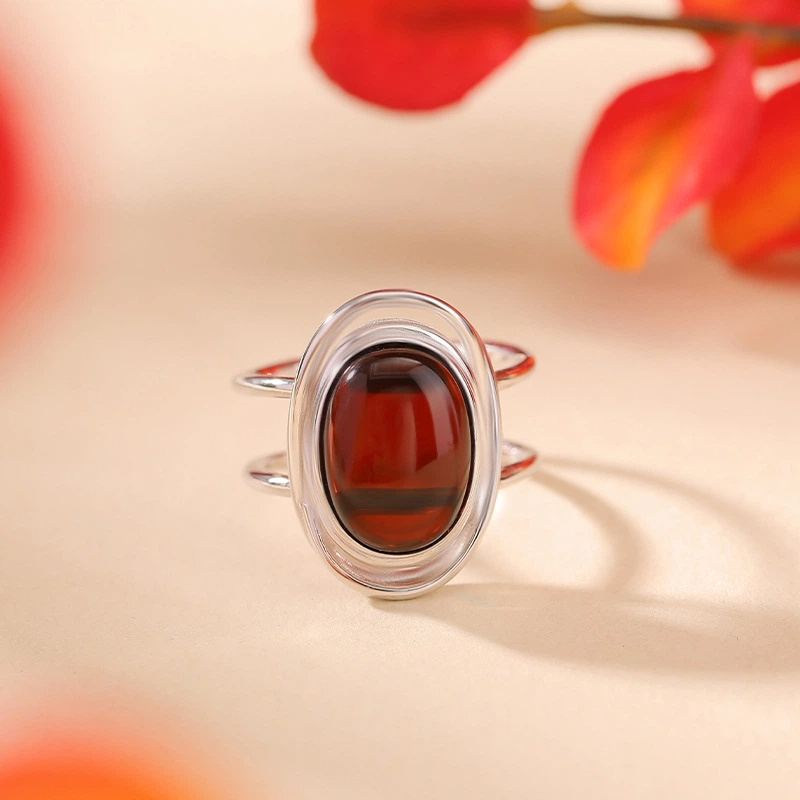 Cabochon Blood Amber Adjustable Open-Ring