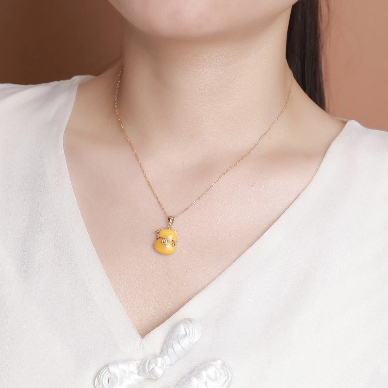 TerraDharma "Fortune Gathering & Gentle Prosperity" Amber Pendant Nacklace of Beckoning Cat (with Fu Character)