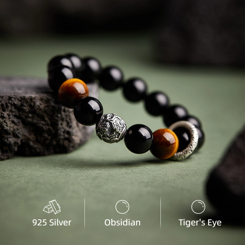 TerraDharma "Spiritual Healing & Confidence Boost" Obsidian & Gold Tiger's Eye Beaded Bracelet