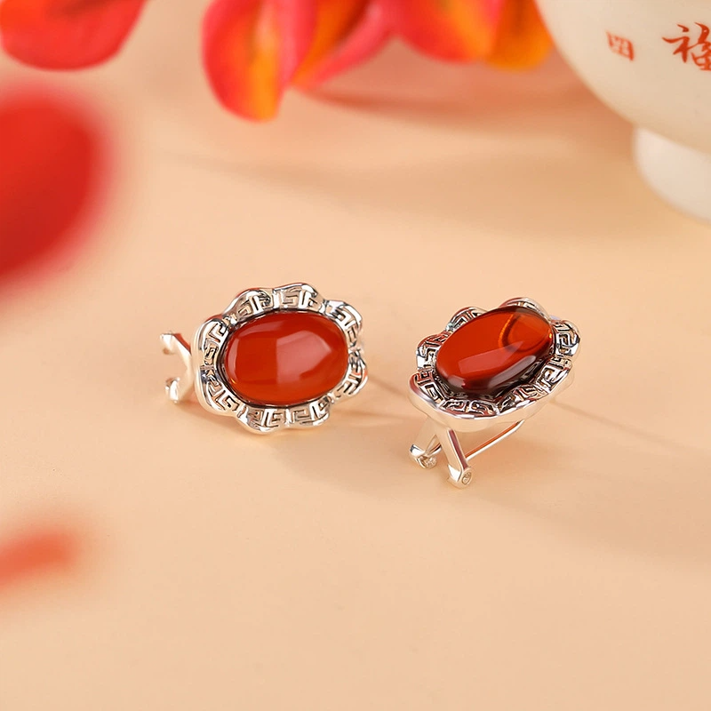 TerraDharma "Passionate Prosperity & Continuous Harmony" Blood Amber with Greek Fret Pattern Earrings