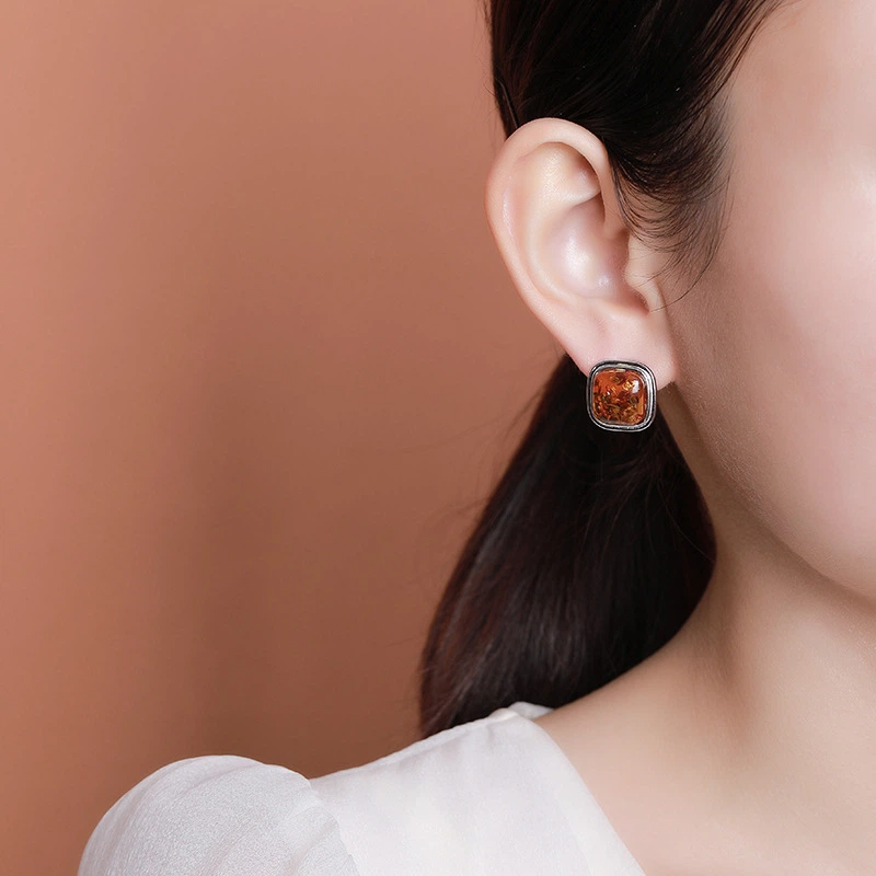 Flower Amber Retro Simple Design Square Stud Earrings with Clip-on Function (Sterling Silver)