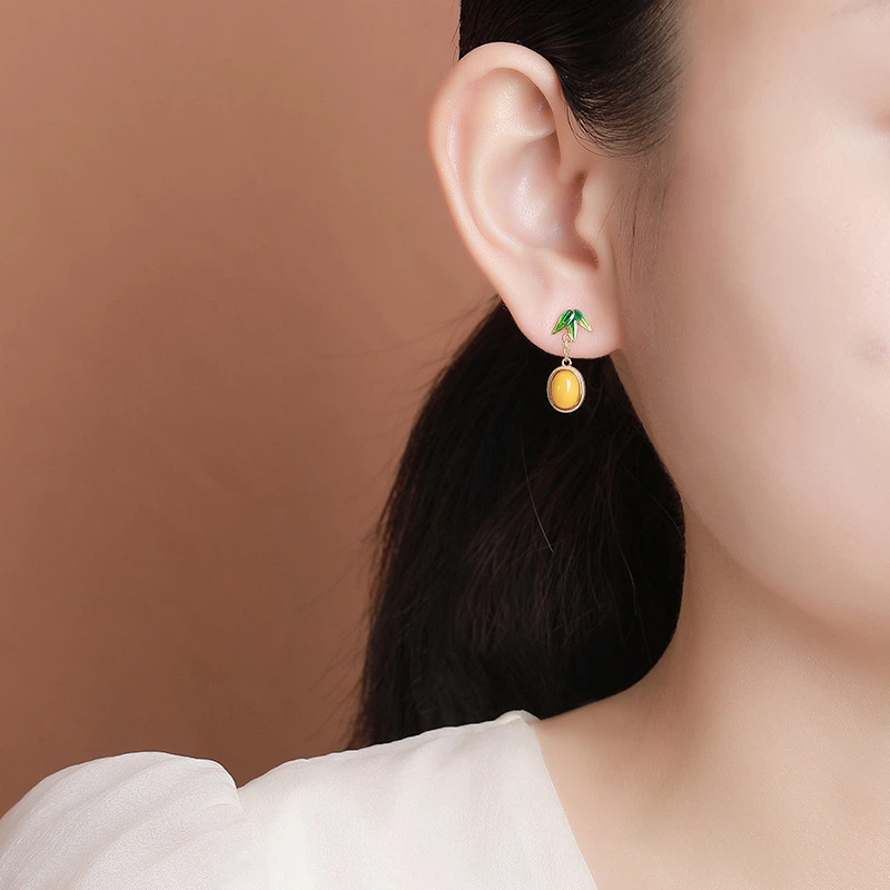 TerraDharma "Nurturing Fortune & Vitality Aundance" Amber & Enamel Bamboo Leaves Earrings