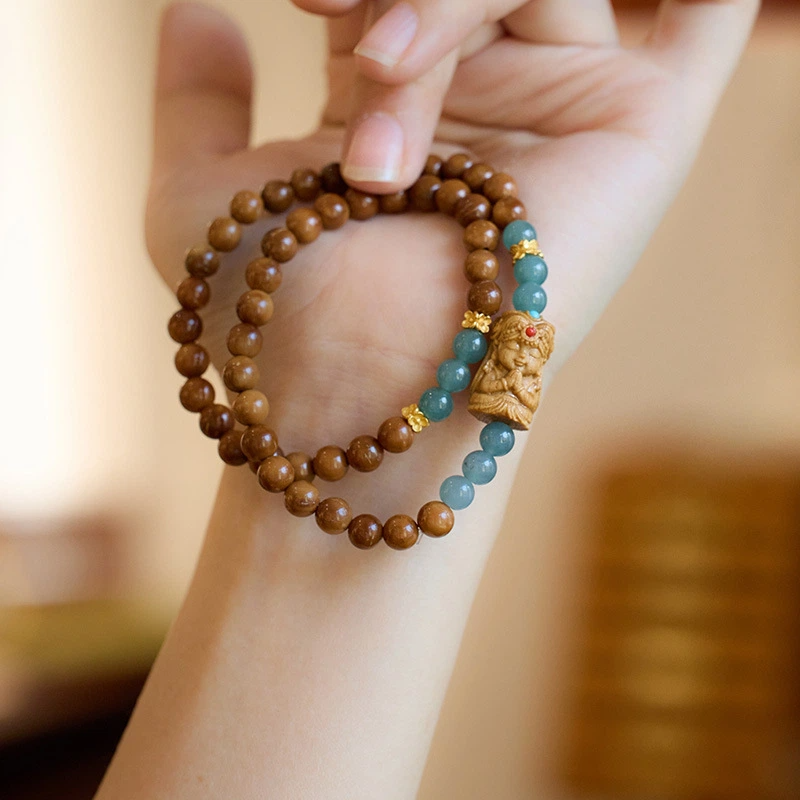 TerraDharma "Spirit Soothing & Divine Wealth Blessing" Natural Bodhi and Blue Water Jadeite Bracelet (with Zhaki Lamu Accessory)