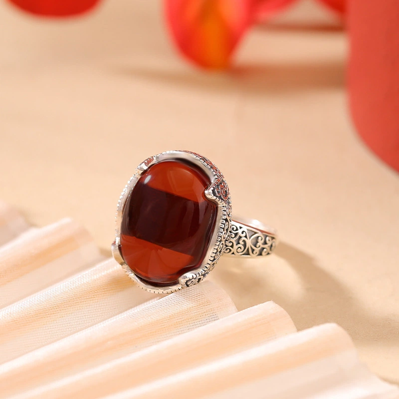 Blood Amber Egg-shaped silver ring