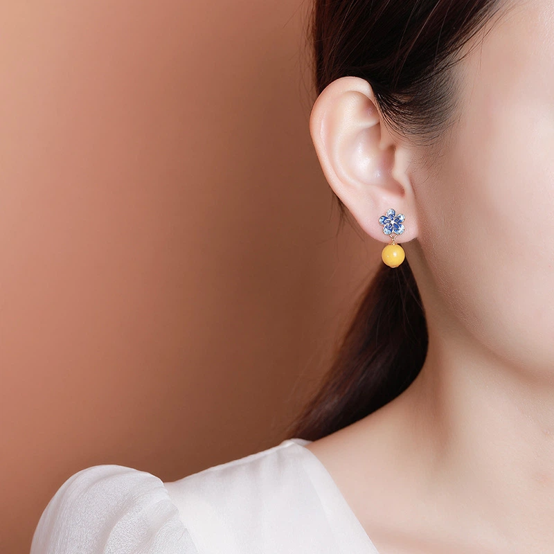 Plum Blossom-shaped Cloisonné with Beeswax Round Bead Earrings