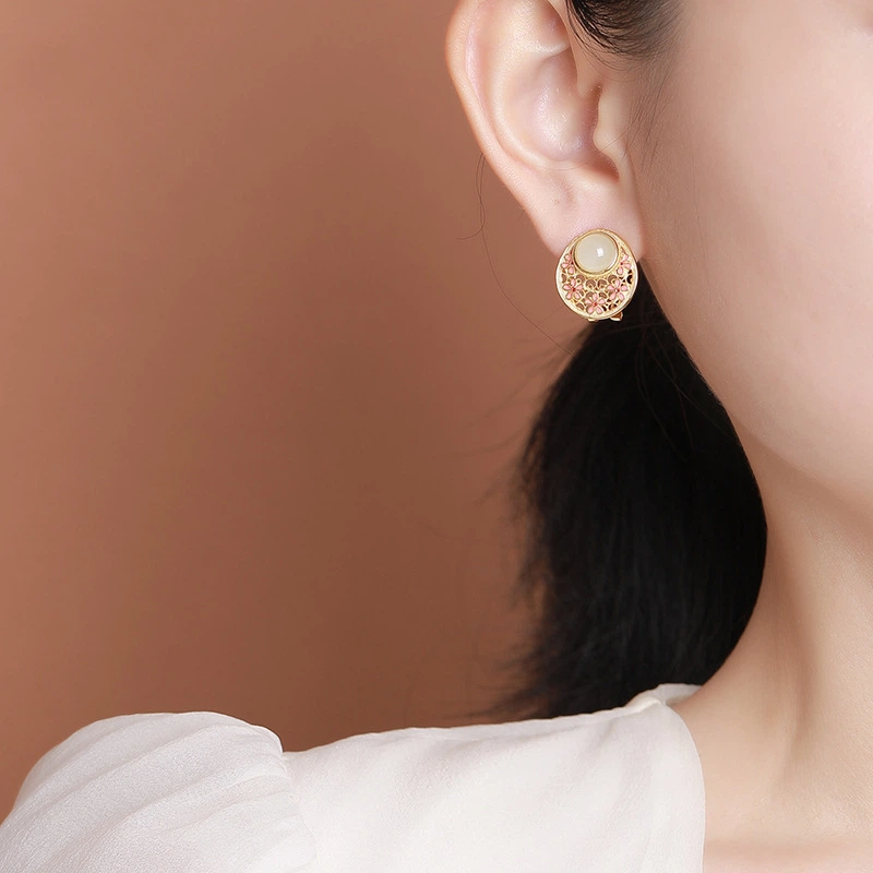 Pink Enamel with Hetian Jade Openwork Stud earrings with clip-on Function (Gold-plated Sterling Silver)