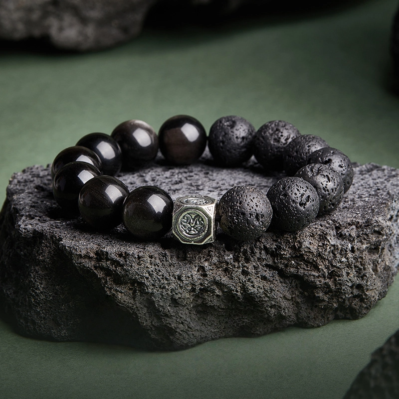 TerraDharma "Unshakable Luck & Spiritual Healing" Volcanic Stone & Silver Obsidian Beaded Bracelet