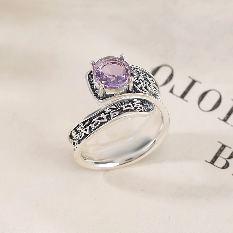 TerraDharma "Prosperity Amplification & Enlightened Harmony" Amethyst/Citrine Faceted Six-Syllable Mantra Open Ring