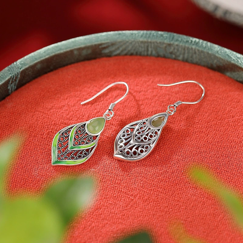 TerraDharma "Resilient Prosperity & Renewal Fortune" Waterdrop-shaped Hetian Jade & Hollowed-out Cloisonné Leaf Silver Earrings