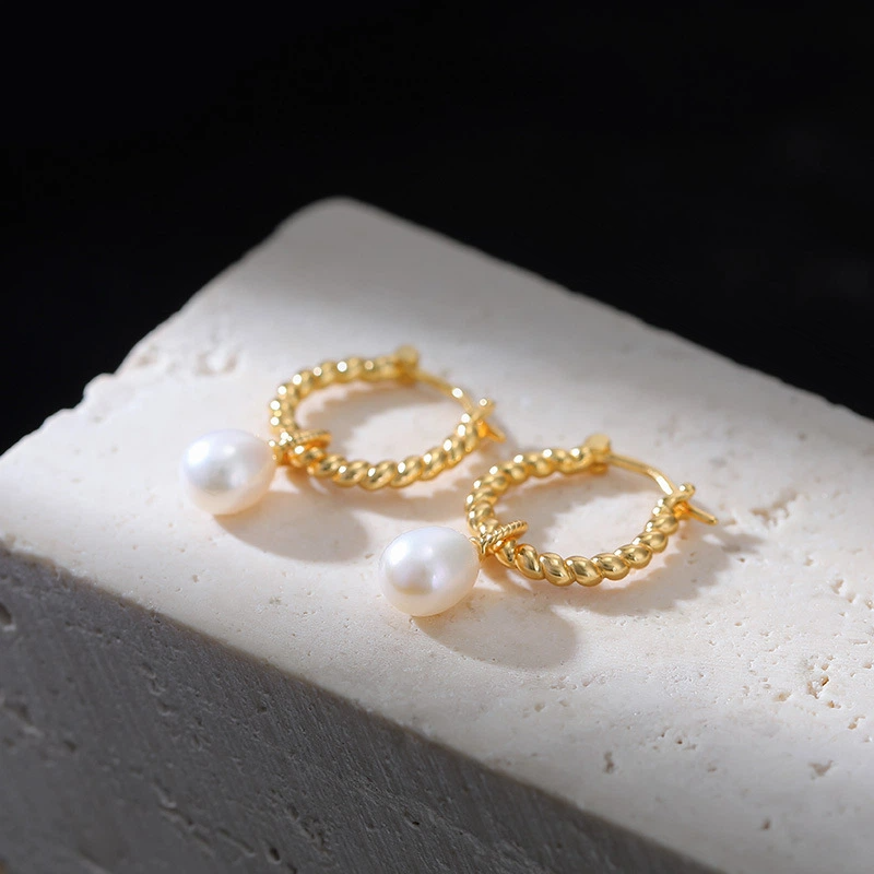 TerraDharma "Flowing Luck & Elegant Prosperity" Freshwater Pearl with Twisted Pattern Earrings