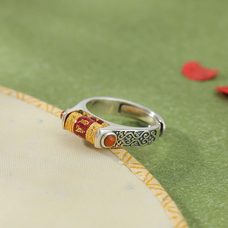 TerraDharma "Mantra Blessing & Divine Protection" South Red Agate & Six - Syllable Mantra Silver Open Ring