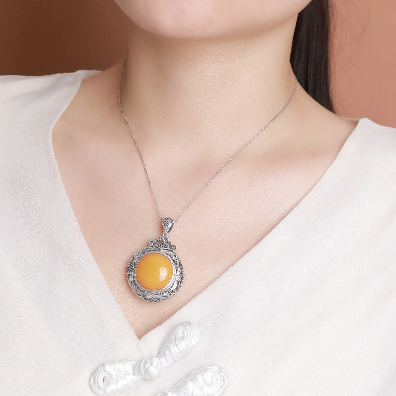 TerraDharma "Pure Auspiciousness & Spiritual Elegance" Amber Pendant Nacklace (Cloisonné with Butterfly and Lotus Patterns)
