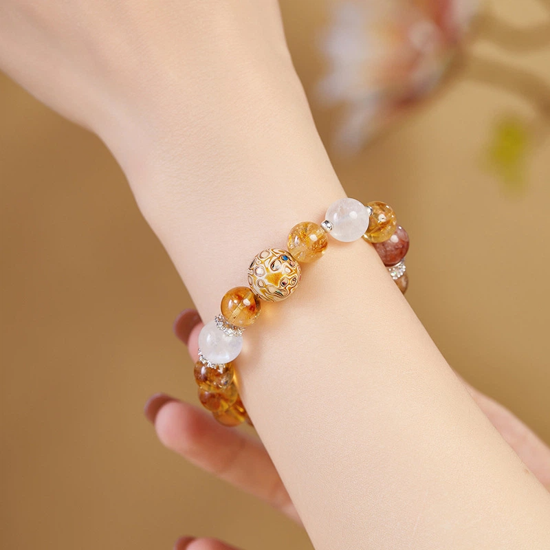 TerraDharma "Timeless Blessing & Mind Sharpening" Lacquer Bead & Golden Rutilated Quartz Beaded Bracelet