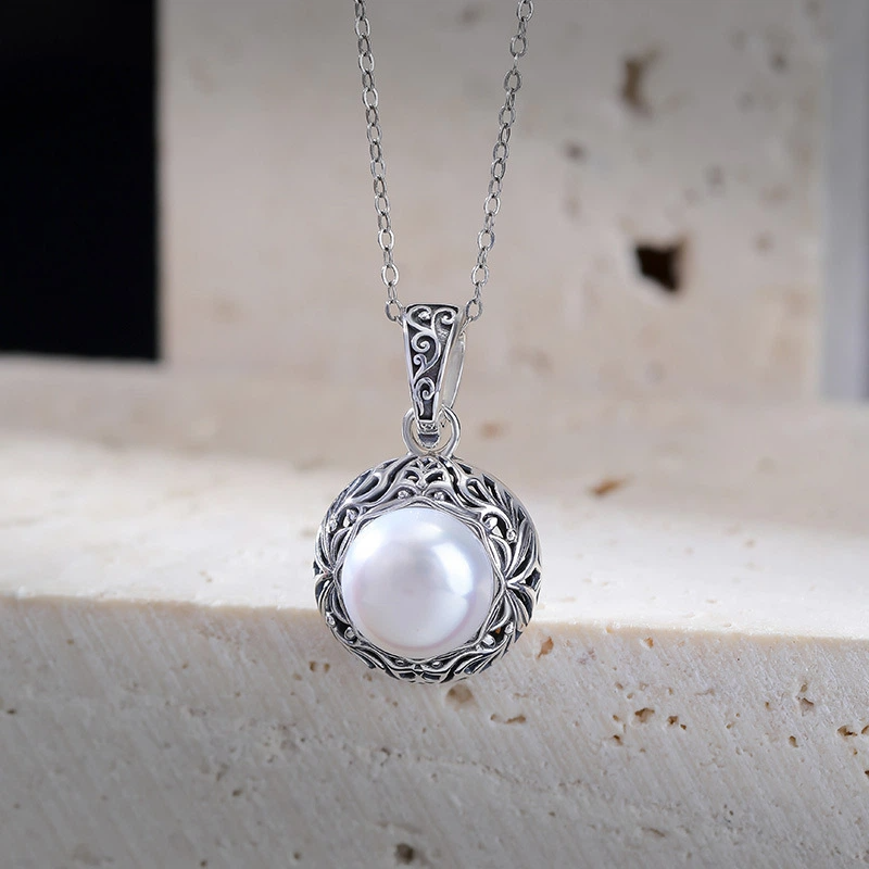 TerraDharma "Vitality Unfolding & Innocent Fortune" Freshwater pearl with Scroll Pattern Pendant Necklace